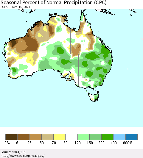 Australia Seasonal Percent of Normal Precipitation (CPC) Thematic Map For 10/1/2021 - 12/10/2021