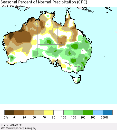 Australia Seasonal Percent of Normal Precipitation (CPC) Thematic Map For 10/1/2021 - 12/20/2021