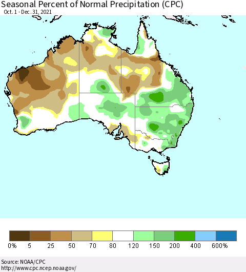 Australia Seasonal Percent of Normal Precipitation (CPC) Thematic Map For 10/1/2021 - 12/31/2021