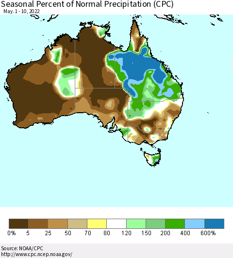 Australia Seasonal Percent of Normal Precipitation (CPC) Thematic Map For 5/1/2022 - 5/10/2022