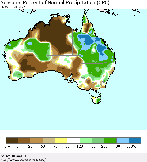 Australia Seasonal Percent of Normal Precipitation (CPC) Thematic Map For 5/1/2022 - 5/20/2022