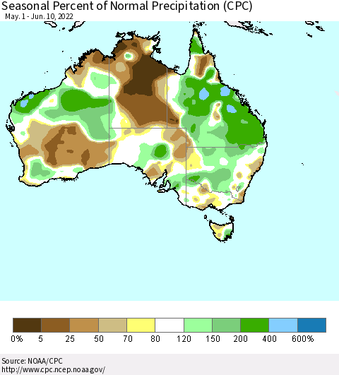 Australia Seasonal Percent of Normal Precipitation (CPC) Thematic Map For 5/1/2022 - 6/10/2022