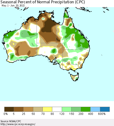 Australia Seasonal Percent of Normal Precipitation (CPC) Thematic Map For 5/1/2022 - 6/20/2022
