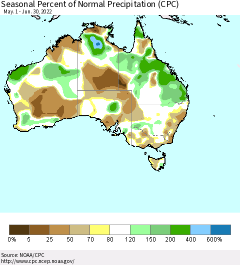 Australia Seasonal Percent of Normal Precipitation (CPC) Thematic Map For 5/1/2022 - 6/30/2022