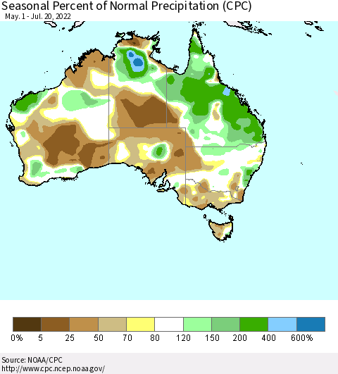 Australia Seasonal Percent of Normal Precipitation (CPC) Thematic Map For 5/1/2022 - 7/20/2022