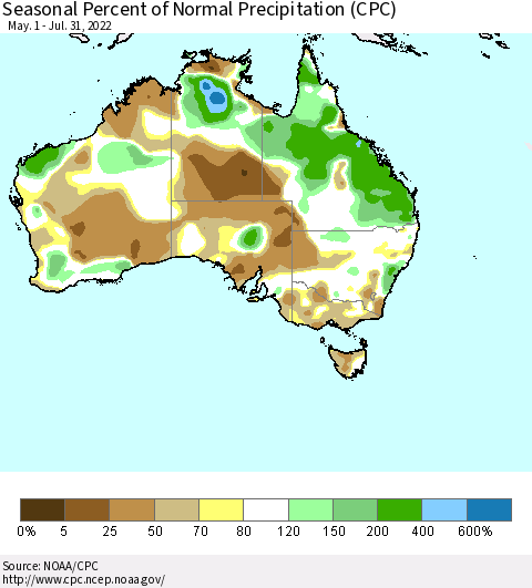 Australia Seasonal Percent of Normal Precipitation (CPC) Thematic Map For 5/1/2022 - 7/31/2022