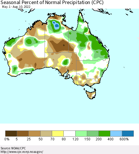 Australia Seasonal Percent of Normal Precipitation (CPC) Thematic Map For 5/1/2022 - 8/10/2022