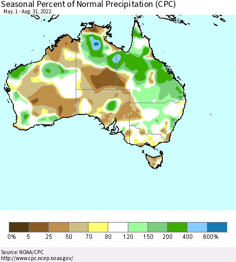 Australia Seasonal Percent of Normal Precipitation (CPC) Thematic Map For 5/1/2022 - 8/31/2022