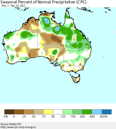 Australia Seasonal Percent of Normal Precipitation (CPC) Thematic Map For 5/1/2022 - 9/10/2022