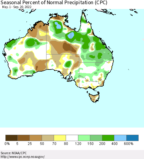 Australia Seasonal Percent of Normal Precipitation (CPC) Thematic Map For 5/1/2022 - 9/20/2022