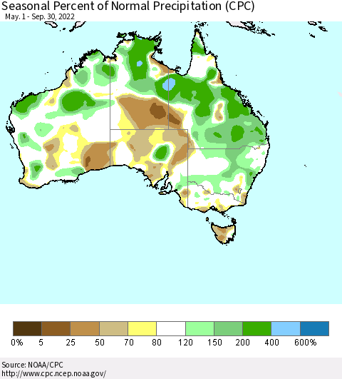 Australia Seasonal Percent of Normal Precipitation (CPC) Thematic Map For 5/1/2022 - 9/30/2022