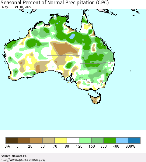 Australia Seasonal Percent of Normal Precipitation (CPC) Thematic Map For 5/1/2022 - 10/10/2022