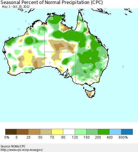Australia Seasonal Percent of Normal Precipitation (CPC) Thematic Map For 5/1/2022 - 10/20/2022