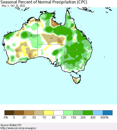 Australia Seasonal Percent of Normal Precipitation (CPC) Thematic Map For 5/1/2022 - 10/31/2022
