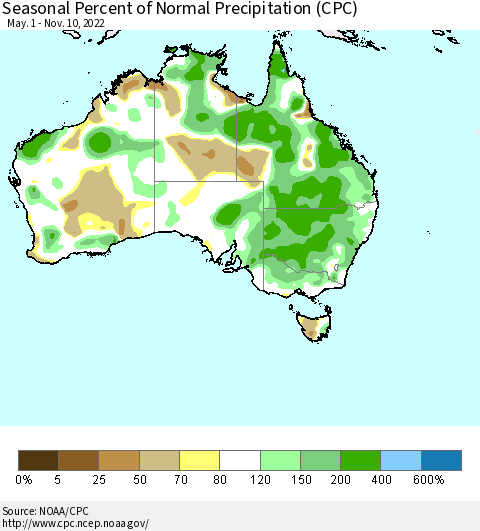 Australia Seasonal Percent of Normal Precipitation (CPC) Thematic Map For 5/1/2022 - 11/10/2022