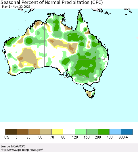 Australia Seasonal Percent of Normal Precipitation (CPC) Thematic Map For 5/1/2022 - 11/20/2022