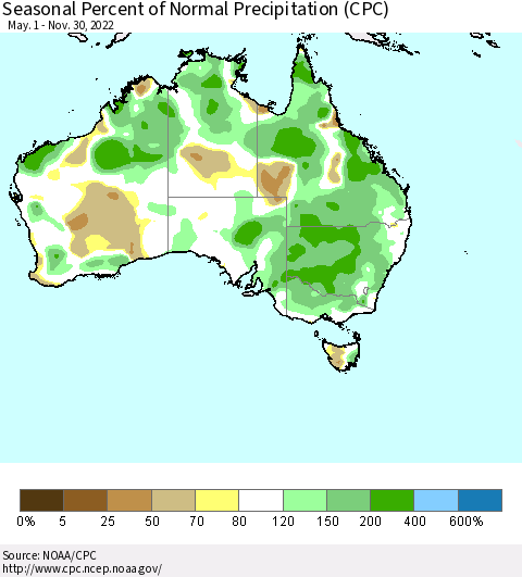 Australia Seasonal Percent of Normal Precipitation (CPC) Thematic Map For 5/1/2022 - 11/30/2022