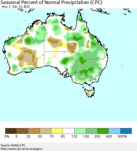Australia Seasonal Percent of Normal Precipitation (CPC) Thematic Map For 5/1/2022 - 12/10/2022