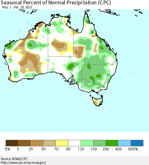 Australia Seasonal Percent of Normal Precipitation (CPC) Thematic Map For 5/1/2022 - 12/20/2022