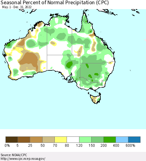 Australia Seasonal Percent of Normal Precipitation (CPC) Thematic Map For 5/1/2022 - 12/31/2022