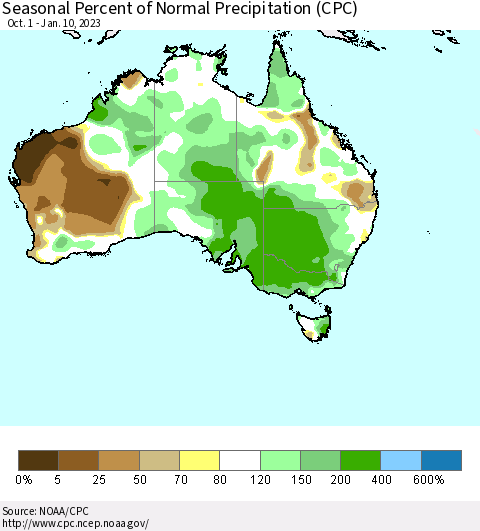 Australia Seasonal Percent of Normal Precipitation (CPC) Thematic Map For 10/1/2022 - 1/10/2023