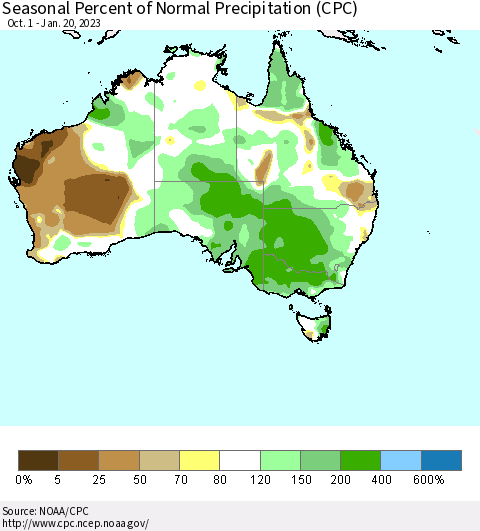 Australia Seasonal Percent of Normal Precipitation (CPC) Thematic Map For 10/1/2022 - 1/20/2023