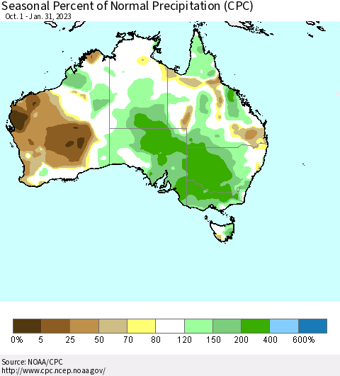 Australia Seasonal Percent of Normal Precipitation (CPC) Thematic Map For 10/1/2022 - 1/31/2023