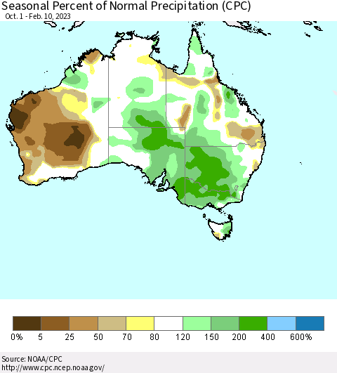 Australia Seasonal Percent of Normal Precipitation (CPC) Thematic Map For 10/1/2022 - 2/10/2023