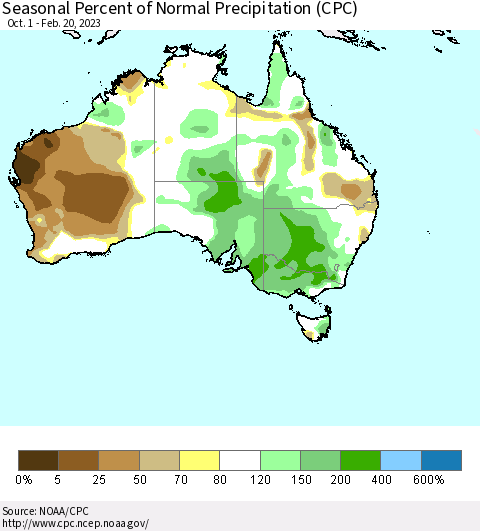 Australia Seasonal Percent of Normal Precipitation (CPC) Thematic Map For 10/1/2022 - 2/20/2023
