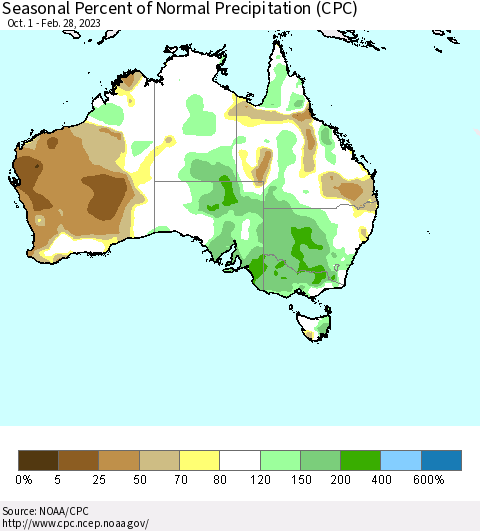 Australia Seasonal Percent of Normal Precipitation (CPC) Thematic Map For 10/1/2022 - 2/28/2023