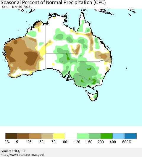 Australia Seasonal Percent of Normal Precipitation (CPC) Thematic Map For 10/1/2022 - 3/10/2023