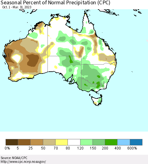 Australia Seasonal Percent of Normal Precipitation (CPC) Thematic Map For 10/1/2022 - 3/31/2023