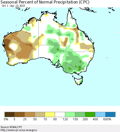 Australia Seasonal Percent of Normal Precipitation (CPC) Thematic Map For 10/1/2022 - 4/10/2023