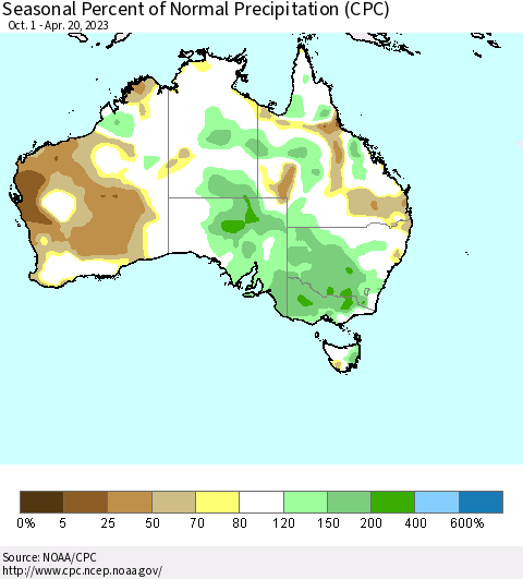 Australia Seasonal Percent of Normal Precipitation (CPC) Thematic Map For 10/1/2022 - 4/20/2023