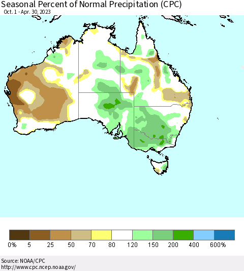 Australia Seasonal Percent of Normal Precipitation (CPC) Thematic Map For 10/1/2022 - 4/30/2023