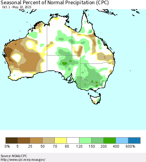 Australia Seasonal Percent of Normal Precipitation (CPC) Thematic Map For 10/1/2022 - 5/10/2023