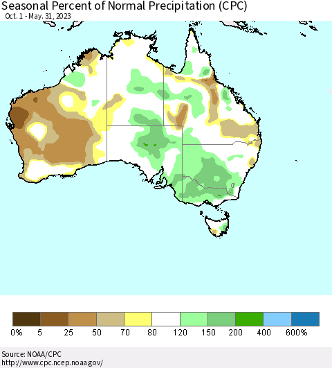 Australia Seasonal Percent of Normal Precipitation (CPC) Thematic Map For 10/1/2022 - 5/31/2023