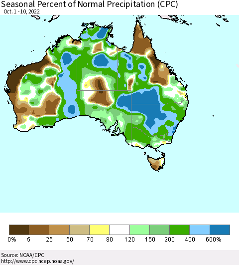 Australia Seasonal Percent of Normal Precipitation (CPC) Thematic Map For 10/1/2022 - 10/10/2022