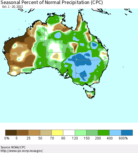 Australia Seasonal Percent of Normal Precipitation (CPC) Thematic Map For 10/1/2022 - 10/20/2022