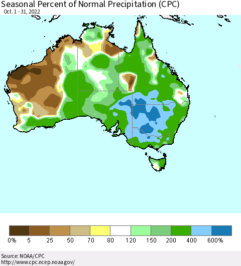 Australia Seasonal Percent of Normal Precipitation (CPC) Thematic Map For 10/1/2022 - 10/31/2022
