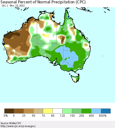 Australia Seasonal Percent of Normal Precipitation (CPC) Thematic Map For 10/1/2022 - 11/10/2022