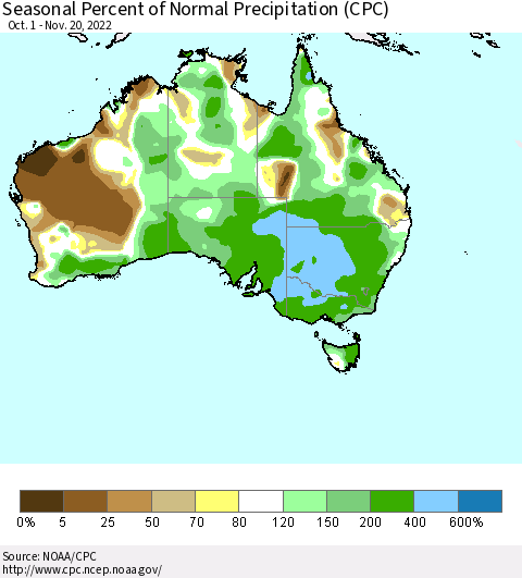 Australia Seasonal Percent of Normal Precipitation (CPC) Thematic Map For 10/1/2022 - 11/20/2022