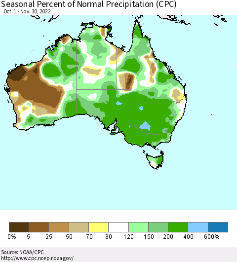 Australia Seasonal Percent of Normal Precipitation (CPC) Thematic Map For 10/1/2022 - 11/30/2022