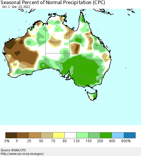 Australia Seasonal Percent of Normal Precipitation (CPC) Thematic Map For 10/1/2022 - 12/10/2022