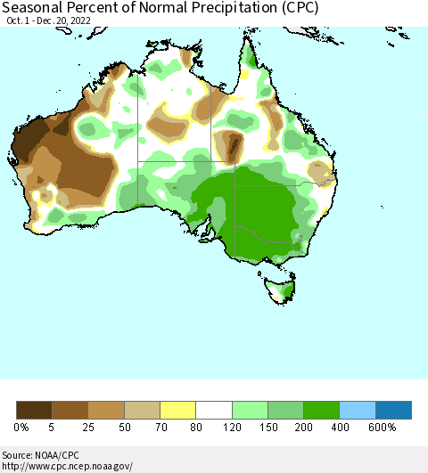 Australia Seasonal Percent of Normal Precipitation (CPC) Thematic Map For 10/1/2022 - 12/20/2022