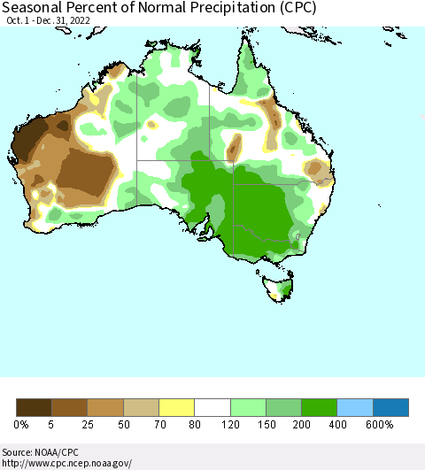 Australia Seasonal Percent of Normal Precipitation (CPC) Thematic Map For 10/1/2022 - 12/31/2022