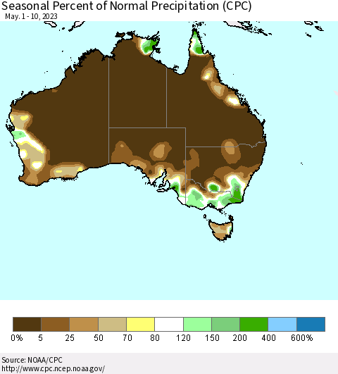 Australia Seasonal Percent of Normal Precipitation (CPC) Thematic Map For 5/1/2023 - 5/10/2023