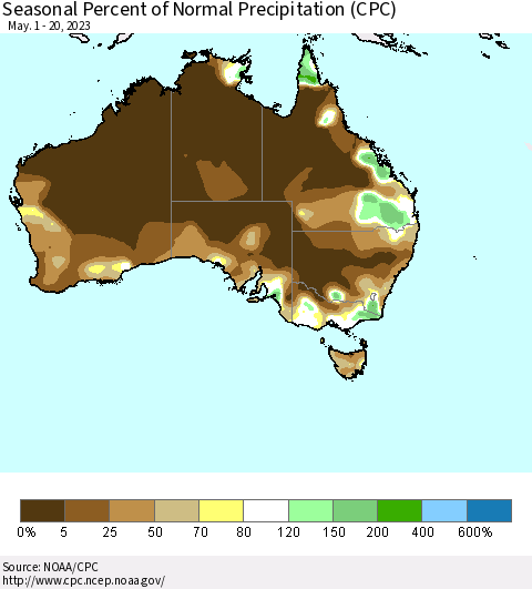 Australia Seasonal Percent of Normal Precipitation (CPC) Thematic Map For 5/1/2023 - 5/20/2023