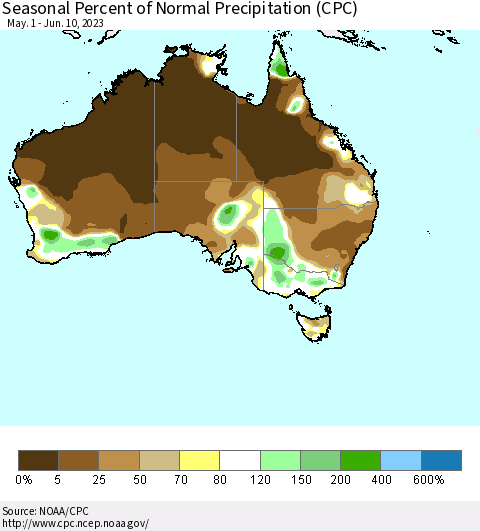 Australia Seasonal Percent of Normal Precipitation (CPC) Thematic Map For 5/1/2023 - 6/10/2023