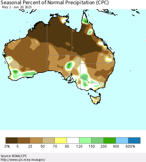 Australia Seasonal Percent of Normal Precipitation (CPC) Thematic Map For 5/1/2023 - 6/20/2023